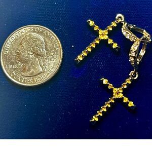 Gold-Tone Cross Earrings with Clear Stones Adoring The Cross And Round Connector
